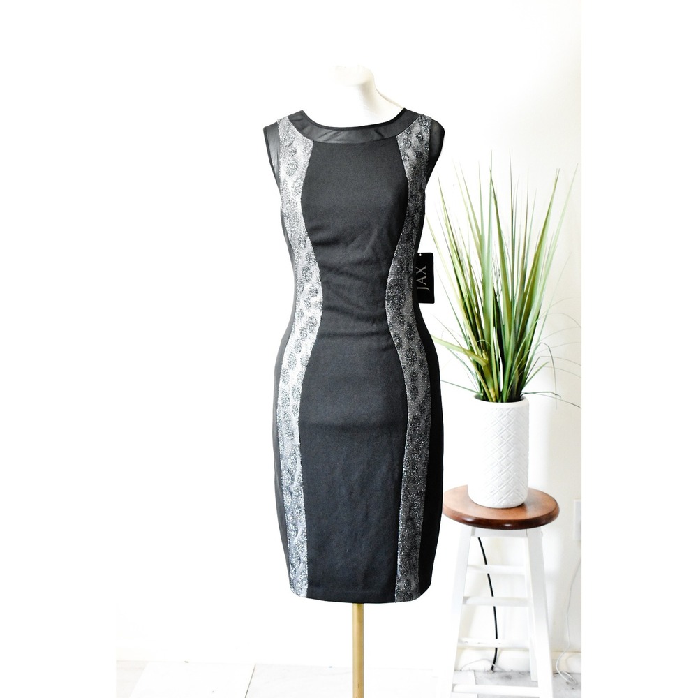 JAX Sheath Dress Women Size 8 Black Silver Y2K Metallic Leopard Mesh Illusion
